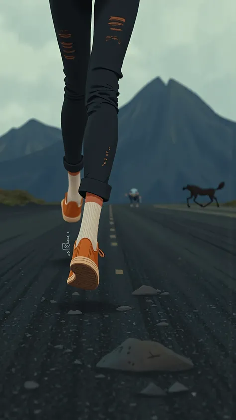 close-up,Foot close-up,Coffee color casual shoes, white stockings, and black pants details,A woman runs through a vast black volcanic desert,Run towards the black volcanic desert towering in the distance,The ground is black sand。evening, The sky is cloudy...