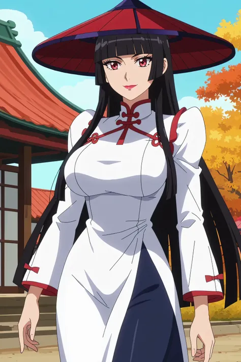 score_7_up, anime screencap,
 RoryMercury,
1girl, closed mouth, light smile,
long hair, black hair, red eyes, hime cut, blunt bangs, lipstick, conical hat,
over shoulder, Big breasts, vietnamese dress Ao dai, pants, long sleeves, 
solo, cowboy shot, Boutdo...