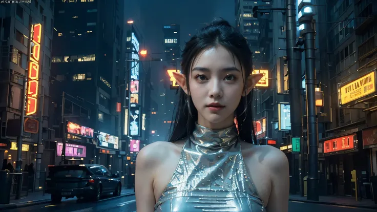 masterpiece,best quality,high resolution, 8,000,(Portrait Photos:1.5),(R Original photo),Real Photos,Digital photography,(Cyberpunk style city streets,Bustling city streets,Neon sign,After the Rain,Mist,steam),(Female elves), 20 year old girl, random hair...