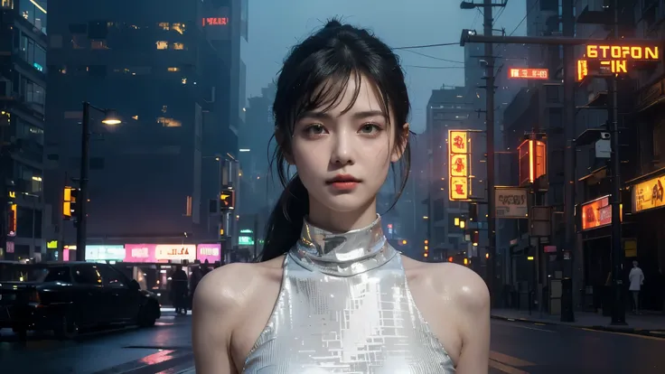  masterpiece,best quality,high resolution, 8,000,(Portrait Photos:1.5),(R Original photo),Real Photos,Digital photography,(Cyberpunk style city streets，Bustling city streets，Neon sign，After the Rain，Mist，steam),(female), 20 year old girl, random hairstyle,...