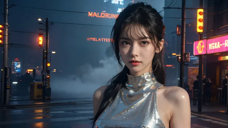  masterpiece,best quality,high resolution, 8,000,(Portrait Photos:1.5),(R Original photo),Real Photos,Digital photography,(Cyberpunk style city streets，Bustling city streets，Neon sign，After the Rain，Mist，steam),(female), 20 year old girl, random hairstyle,...