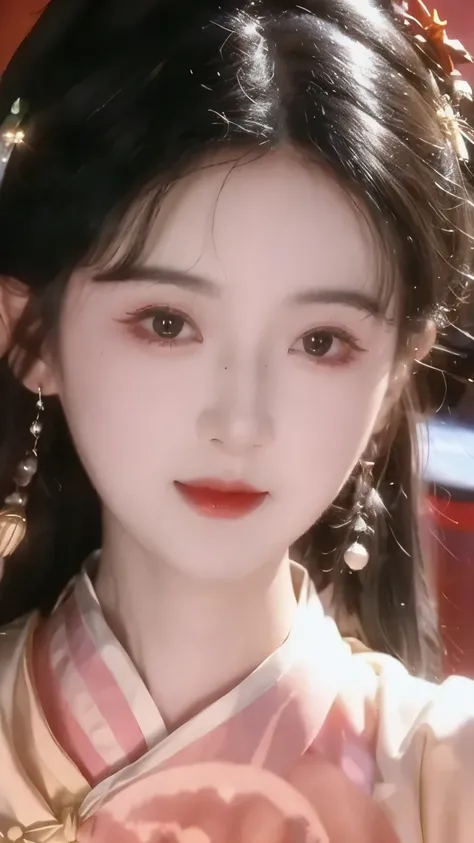 1 beautiful girl,Best Quality,(painting:1.5),Chest,torii,,depth of field, detailed face ,facial focus,ribbon_trim,(watching the audience:1.25),Smile,Thick lips,Real People,Hanfu