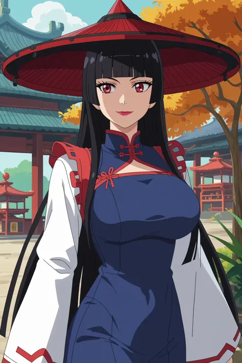 score_7_up, anime screencap,
 RoryMercury,
1girl, closed mouth, light smile,
long hair, black hair, red eyes, hime cut, blunt bangs, lipstick, conical hat,
over shoulder, Big breasts, vietnamese dress, pants, long sleeves, 
solo, cowboy shot, Boutdoors, 

