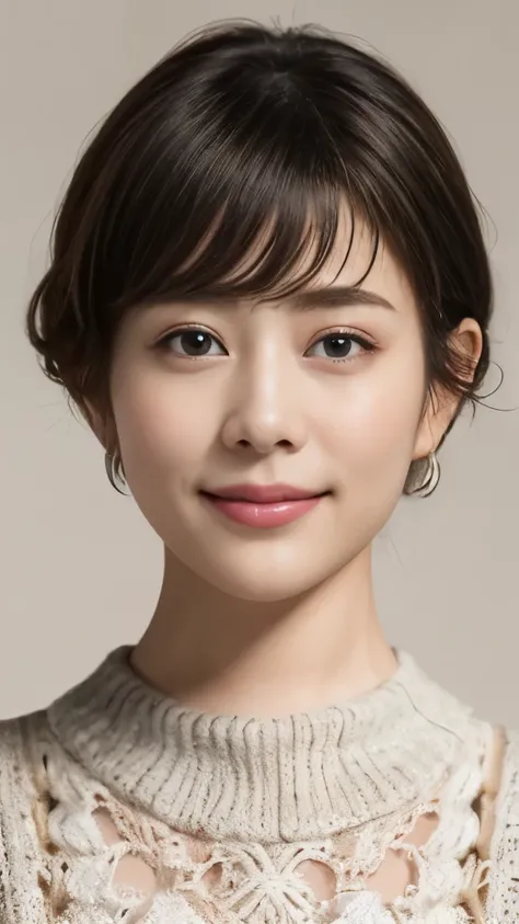 1 Female,Photorealistic,Highest quality,Ultra high definition,8K,Cool Beauty,Beauty,Perfect Style,Summer knitwear,Japanese,Upper body close-up,smile,looking at the camera,Very Short Bob、耳にピアス、薄い茶髪、