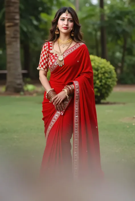 A beautiful 19 year old Indian girl, Black hair, fair complexion,( oily skin,)Big breast , body is well shaped Standing hungry on the floor and wearing a blouse and saree