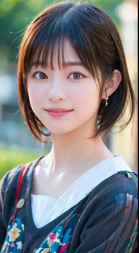 realistic, table top, highest quality, Raw photo, Portrait、1 girl, alone, Shorthair, brown hair, smile showing teeth、ear piercing、looking at camera、detailed face, fascinating face, The sweater that kills virginity, dynamic pose, looking at the viewer, fr...