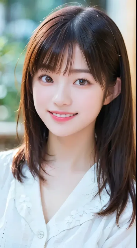 realistic, table top, highest quality, Raw photo, Shorthair,、brown hair,、 long sleeve blouse、looking at camera、 smile showing teeth、detailed face, fascinating face, The sweater that kills virginity,, looking at the viewer, from below, detailed background, ...