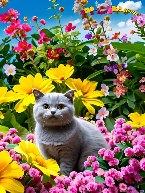 A picture of a kitten buried in flowers and plants against a blue tropical sky, Pictures of cute smiling kittens, Happy kitten, Monet's oil paintings,Lots of colorful flowers blooming in the background,Flowers blooming without gaps,Collage-like flowers,The...