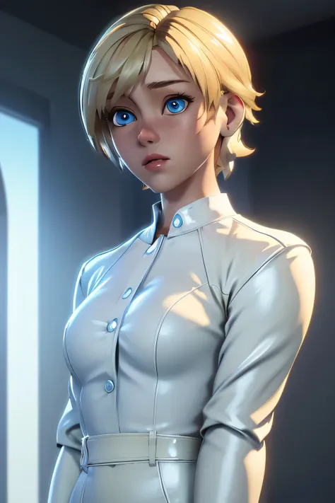 Perfect Anatomy Highest Quality,highest resolution,(((shiny white clothes shiny blonde short hair blue eyes shiny skin))) Sherry Birkin