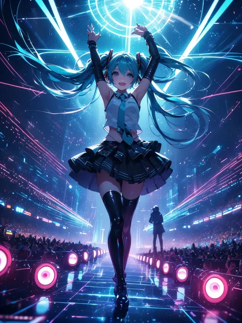 Hatsune Mikuがギターを手に持ちライブステージで歌っています , 1 girl , Sweat droplets , from the side , high angle view , look away , passionate smile  , motion blur , Maxi Kit, full body, (( Highly Detailed CG Integration ), (( Dynamic action poses with vivid 3D  ))，(  Great Art...