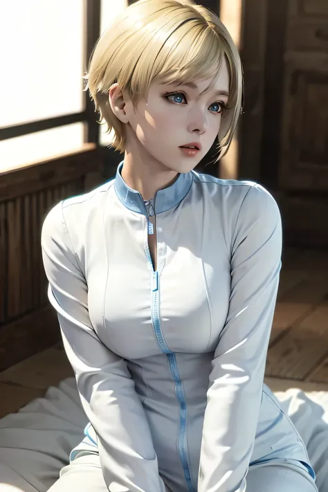 Perfect Anatomy Highest Quality,highest resolution,(((shiny white clothes shiny blonde short hair blue eyes shiny skin))) Sherry Birkin