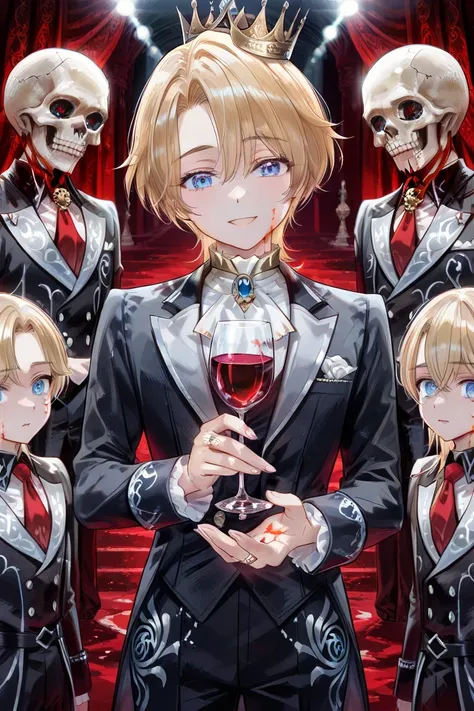 Professional grade ,exquisite presentation,comic illustration style, Fantasy Style ,The young boy in black and white Goethe-style male costume, Young boy character,Beautiful and delicate young boy Prince, flat chest, Long Blonde Hair , blue eyes,holding a...
