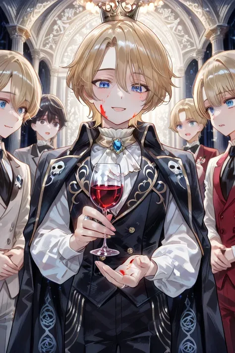 Professional grade ,exquisite presentation,comic illustration style, Fantasy Style ,The young boy in black and white Goethe-style male costume, Young boy character,Beautiful and delicate young boy Prince, flat chest, Long Blonde Hair , blue eyes,holding a...