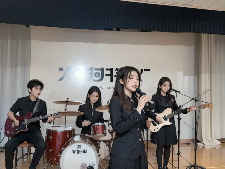 realistic、high image quality、Sharp details、8k、on the high school gymnasium、Playing4girl band、Everyone in the same uniform、guitar&vocal、 based、 drums、keyboard、Everyone sings、Images from the audience