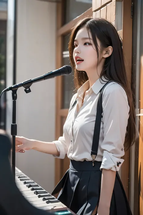 realistic、high image quality、Sharp details、8k、on the high school gymnasium、High school cultural festival、High School Student、 female elementary school students in the same uniform 、Playing4girl band、guitar&vocal、 based、 drums、keyboard、