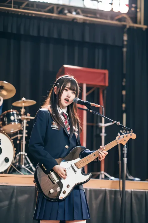 realistic、high image quality、Sharp details、8k、on the high school gymnasium、((High School Cultural Festival 2.0))、High School Student、 female elementary school students in the same uniform 、Playing4girl band、guitar&vocal、 based、 drums、keyboard、((Angle from ...