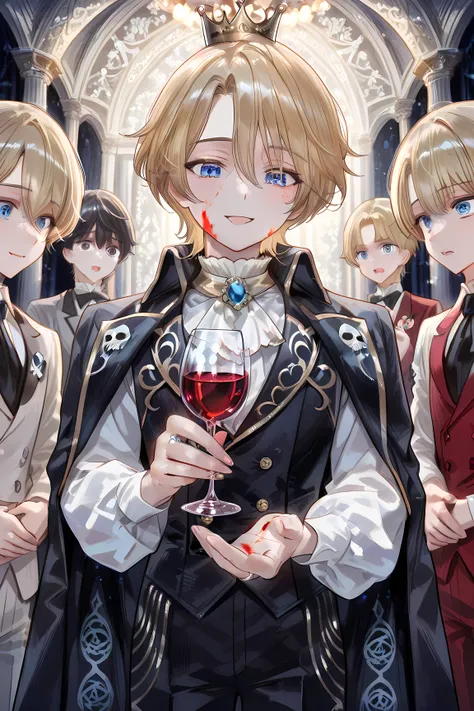 Professional grade ,exquisite presentation,comic illustration style, Fantasy Style ,The young boy in black and white Goethe-style male costume, Young boy character,Beautiful and delicate young boy Prince, flat chest, Long Blonde Hair , blue eyes,holding a...