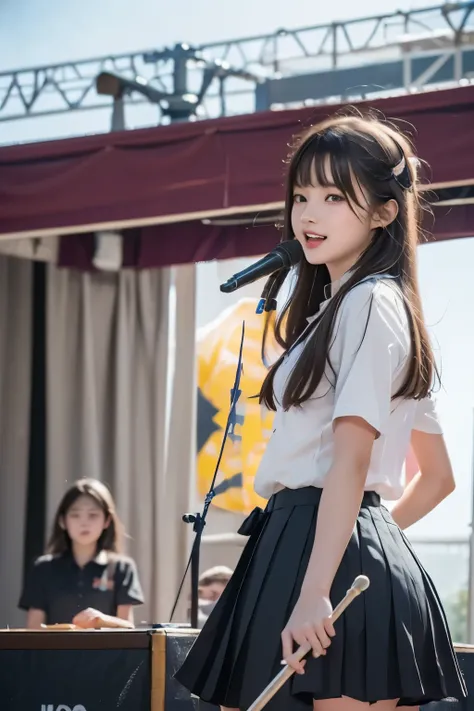 realistic、high image quality、Sharp details、8k、on the high school gymnasium、High school cultural festival、High School Student、 female elementary school students in the same uniform 、Playing4girl band、 based、 drums、((Angle from the front of the stage))、Cultu...