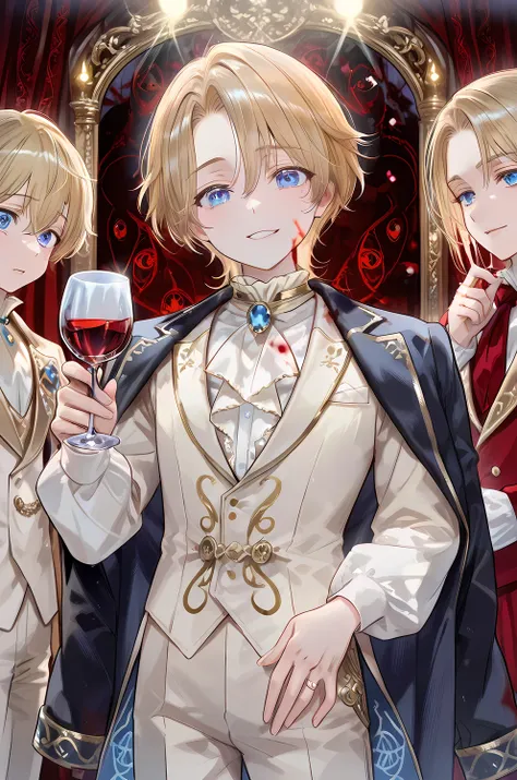 Professional grade ,exquisite presentation,comic illustration style, Fantasy Style ,A young boy in a Goethe-style male costume, Young boy character,Beautiful and delicate young boy Prince, flat chest, Long Blonde Hair , blue eyes,holding a tall red wine g...