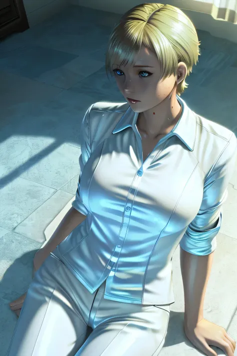 Perfect Anatomy Highest Quality,highest resolution,(((shiny white clothes shiny blonde short hair blue eyes shiny skin))) Sherry Birkin