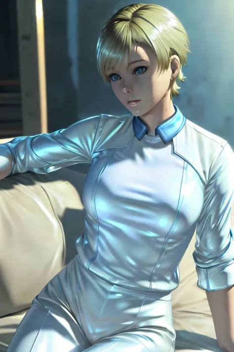 Perfect Anatomy Highest Quality,highest resolution,(((shiny white clothes shiny blonde short hair blue eyes shiny skin))) Sherry Birkin