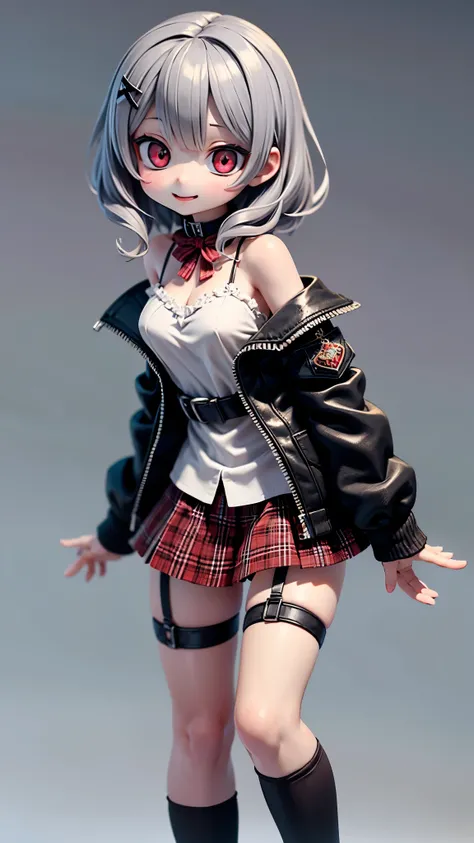 (ultra high resolution,masterpiece, attention to detail, Highest Quality), 8k,(1 girl, solo, Red Eyes, Sakamachi Chloe, garter strap, fingerless gloves,  torn knee-high , Gray Hair, multicolor hair that matches the eye,  Plaid Skirt, chest元, x Hair Ornamen...