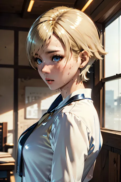 Perfect Anatomy Highest Quality,highest resolution,(((shiny white clothes shiny blonde short hair blue eyes shiny skin sweat))) Sherry Birkin