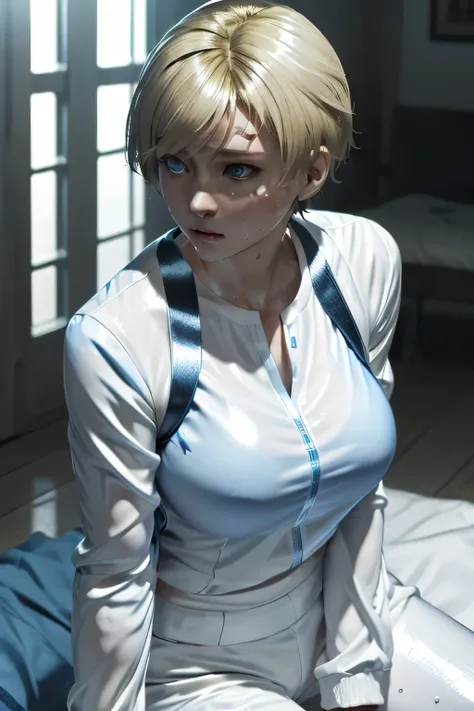 Perfect Anatomy Highest Quality,highest resolution,(((shiny white clothes shiny blonde short hair blue eyes shiny skin sweat))) Sherry Birkin