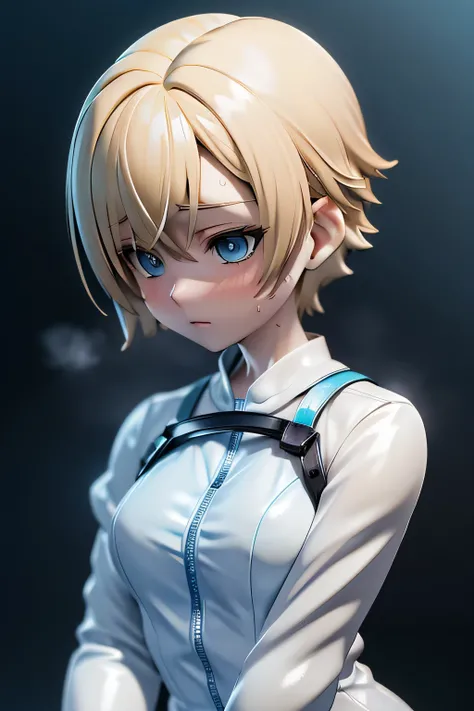 Perfect Anatomy Highest Quality,highest resolution,(((shiny white clothes shiny blonde short hair blue eyes shiny skin sweat))) Sherry Birkin