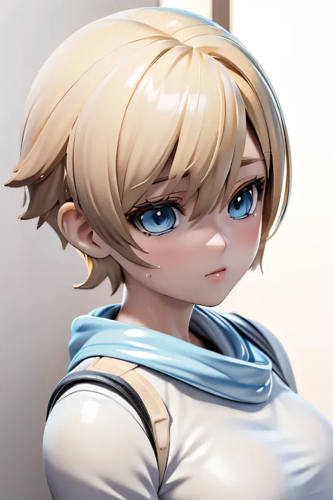 Perfect Anatomy Highest Quality,highest resolution,(((shiny white clothes shiny blonde short hair blue eyes shiny skin sweat))) Sherry Birkin