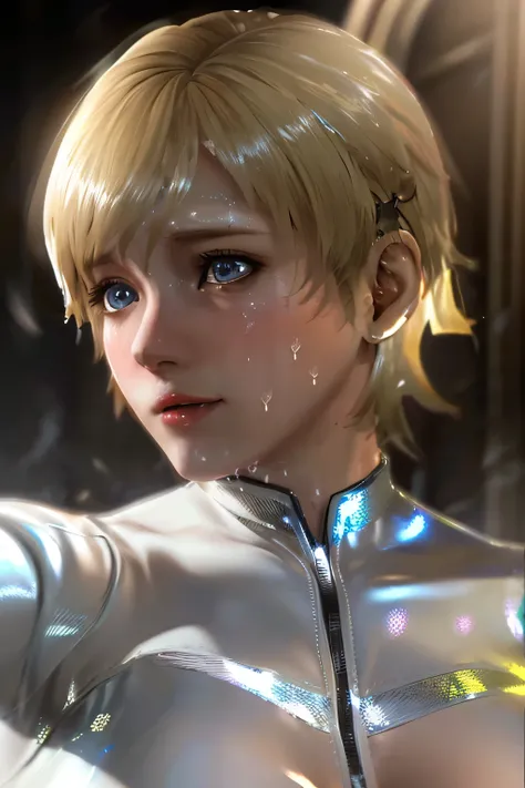Perfect Anatomy Highest Quality,highest resolution,(((shiny white clothes shiny blonde short hair blue eyes shiny skin sweat))) Sherry Birkin