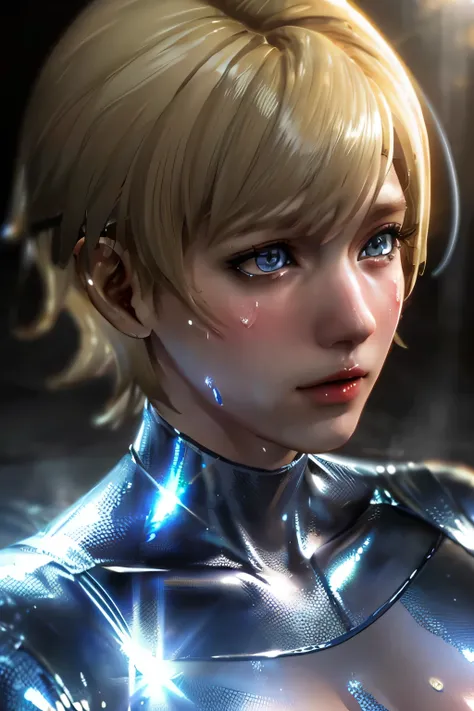 Perfect Anatomy Highest Quality,highest resolution,((( shiny white bodysuit shiny blonde short hair blue eyes shiny skin sweat))) Sherry Birkin