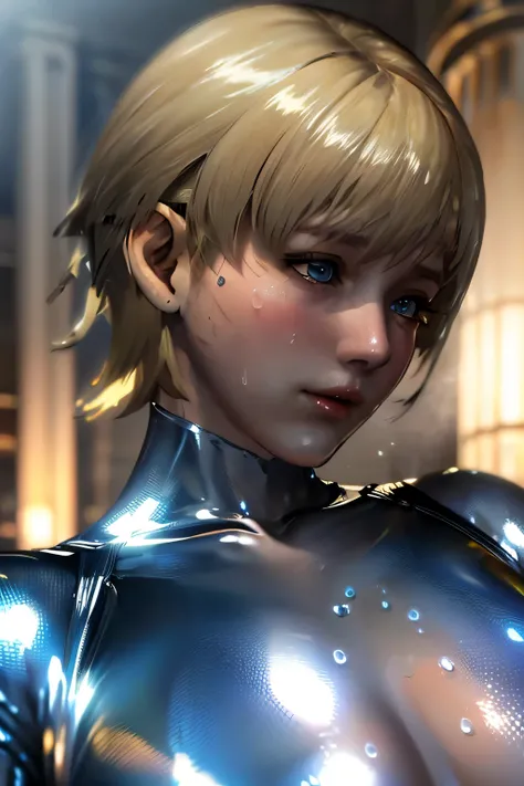 Perfect Anatomy Highest Quality,highest resolution,((( shiny white bodysuit shiny blonde short hair blue eyes shiny skin sweat))) Sherry Birkin