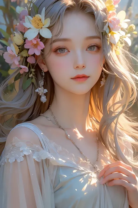 (oil painting of a young, beautiful woman), rough touch, impressive portrait, (calm and gentle girlish smile), (almost straight medium-long silver-gray blonde hair), (close-up), glossy lips, (simple, urbane shirt in spring colors), (slim figure), small nec...