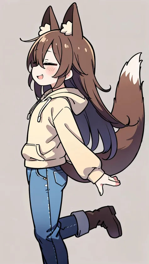 Anime Style、 cute face、 1 woman、 fox ears、 caramel brown hair、tail、long hair、 beige hoodie、jeans、boots、simple background、smiles、Profile、profile double teeth、close both eyes