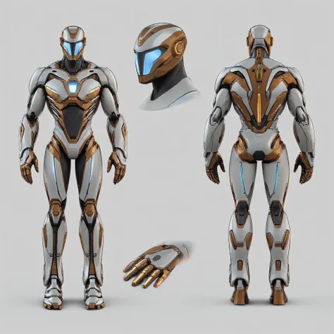 A futuristic, highly detailed, realistic sci-fi powered exosuit armor, made with sleek titanium-aluminum-carbon fiber material inspired from ironman, armor colour is white, red and gold, featuring a glowing blue lotus-shaped arc reactor at the chest. The a...