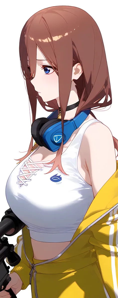 Solo, miku nakano , waist shot of miku nakano, . focus on Laced pantie, yellow track suit, holding a green AWM sniper, wearswearing a vibrant yellow sporty tracksuit with a white crop top underneath, , a black crochet-style choker around her neck,, ,half b...