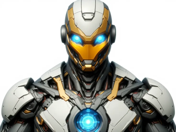 A futuristic, highly detailed, realistic sci-fi powered exosuit armor's helmet, made with sleek titanium-aluminum-carbon fiber material inspired from ironman, helmet colour is white and gold, featuring a glowing blue lotus-shaped arc reactor at the chest. ...