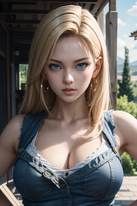 No.18,Dragon Ball Z,Dragon Ball Super,One-length hair,beautiful white blond hair,Shortcut, beautiful blue eyes ,PINK LIPS,white skin,cool expression,black sleeveless,blue jeans per boy,Ultra HD,super quality,masterpiece,DSLR,photorealistic, Detailed Detail...