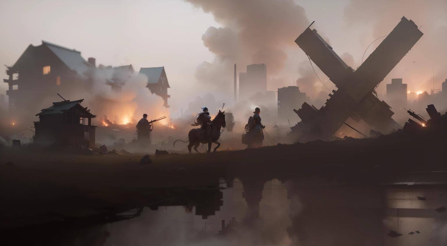 mechanical,Abandoned,Dilapidated buildings,The end of the cyberera,Team battles,Beacon smoke,battlefield,Horizontal game scene ,Game illustrations,Mei Xuan,The picture is portrayed in detail