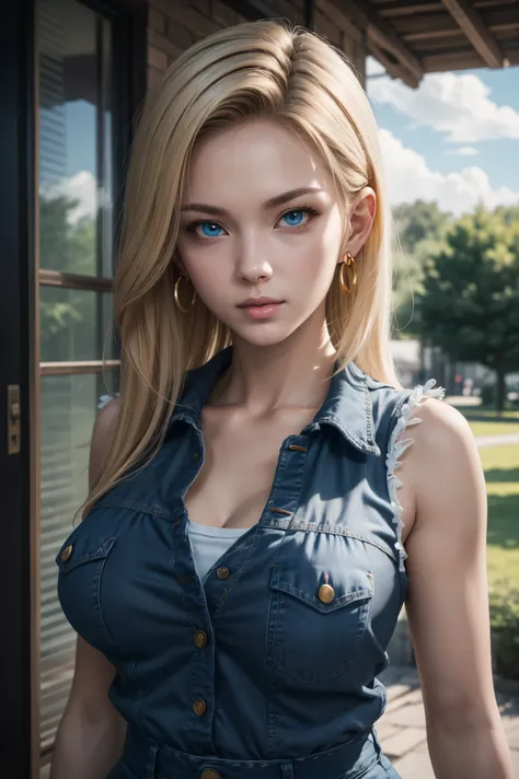 No.18,Dragon Ball Z,Dragon Ball Super,One-length hair,beautiful white blond hair,Shortcut, beautiful blue eyes ,PINK LIPS,white skin,cool expression,black sleeveless,blue jeans per boy,Ultra HD,super quality,masterpiece,DSLR,photorealistic, Detailed Detail...