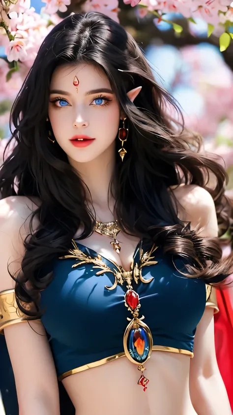 One 20 year old girl, (breast :1.1), navel,upper body,bare shoulders,wears red tube top,red skirt, blue gems,shiny skin,hand in own hair,(mature female),milf, beautiful cai lin, deep blue eyes, jet black long hair, face symmetry, eye symmetry,8k resolution...