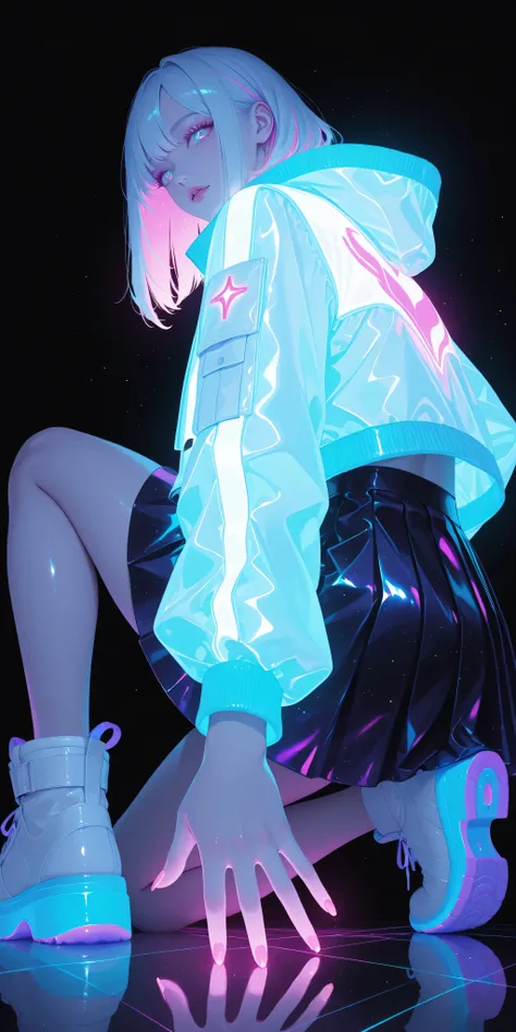 Girl, light jacket, neon color, glossy, glow, shine, She poses playfully on one knee, reaching out with one hand , skirts, more detail, intricate, view from below, back view