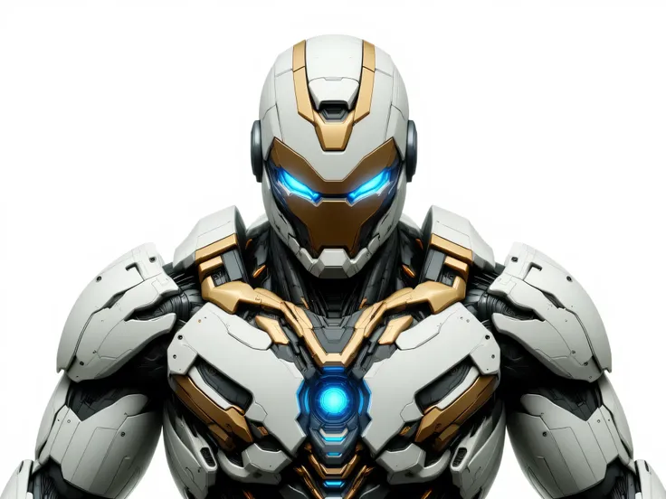 A futuristic, highly detailed, realistic sci-fi powered exosuit armor's helmet design, made with sleek titanium-aluminum-carbon fiber material inspired from ironman, helmet colour is white and gold, The helmet is aggressive and sharp, more mechanical, with...