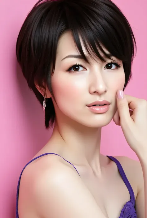Very noble、She's horny and cute 、 holding hands to chest、healthy white skin、 beautiful black haired short bob 、 Please wear revealing clothes 、 Wear sensual and attractive lace 。Wear sexy lingerie in sensual purple 。。。。。、 Vibrant Color Styles 、 I...