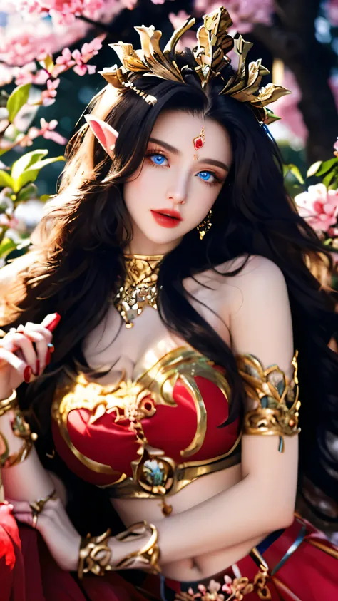 One 20 year old girl, (breast :1.1), navel,upper body,bare shoulders,wears red tube top,red skirt, blue gems,shiny skin,hand in own hair,(mature female),milf, beautiful cai lin, deep blue eyes, detailed eyes, jet black long hair, face symmetry, eye symmetr...