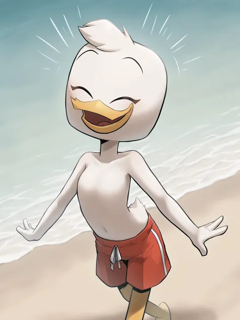 (masterpiece, best quality, very aesthetic, absurdres, artist:sakura, beach, shaded, motion lines, action lines,) 1girl, female, solo, dewey duck, beak, eyes closed, on model, blue swimming trunks, (happy, smile:1.2) perfect white bare skin, perfect bare c...