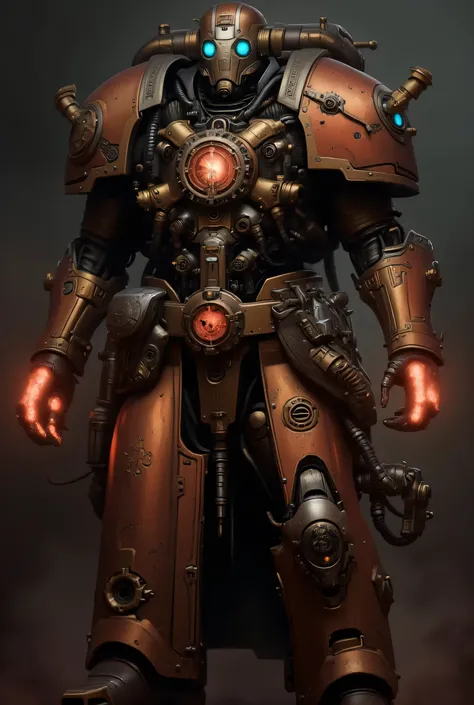 Highly detailed steampunk prototype armor, heavy mechanical exosuit made of bronze and brass, exposed gears, pistons, pipes, and pressure gauges, glowing orange energy vents, rugged and industrial retro-futuristic design, worn metallic textures, Victorian ...
