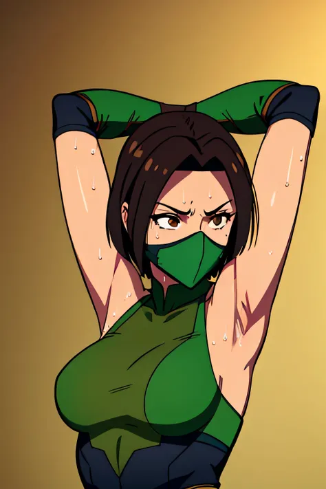 

Jade, human woman with wheatish complexion,sleeveless.She has brown eyes and blackish blue clothing. Her hair is blackish brown in color; She is beautiful.Tsundere face.,mature appearance,armpits,sweat,sweaty,sweaty armpits,arms up,showing armpits,awesom...