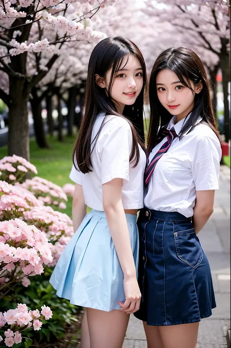 Two girls (18 years old, Japanese pretty face) are wearing high school uniform with mini skirt near cherry blossoms.